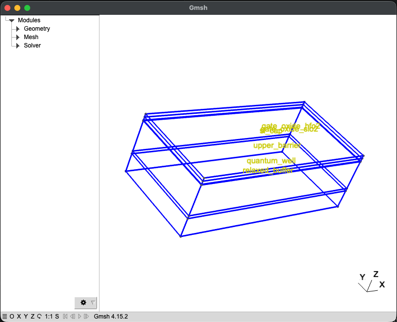 Gmsh view of the extruded Tunnel Falls heterostructure stack.