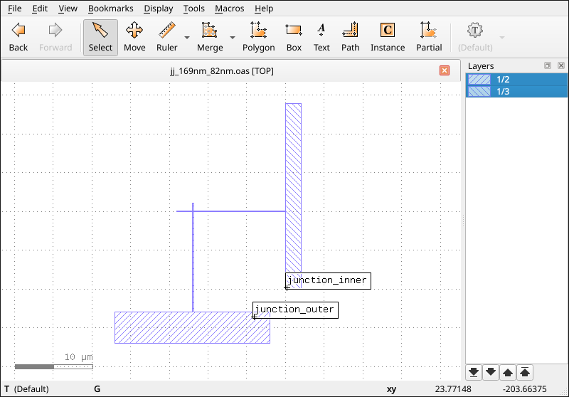 Layout of a Josephson junction visualized in KLayout